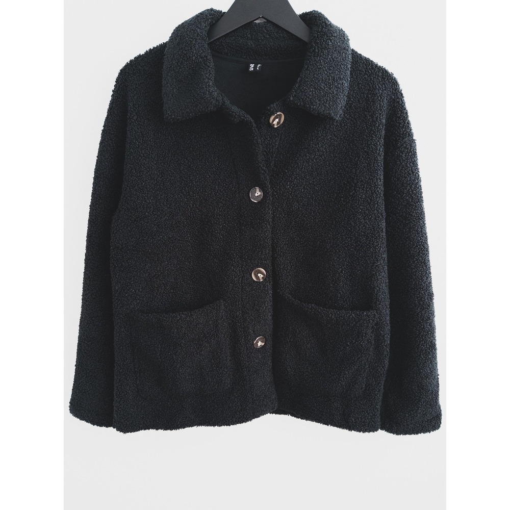 Teddy Bear Jacket‎ Womens Medium Black Fleece Button Up Sherpa Shacket Outdooor - Picture 2 of 6